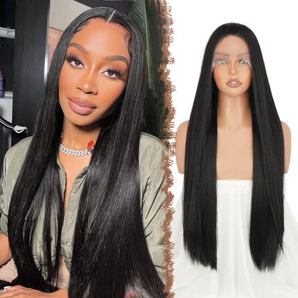 FESHFEN Parrucca 13x4 Lace Front - Parrucche Capelli Nero Lisci per Donne Dritto Naturali Sintetico Parrucca di Capelli per Partito Quotidiano, 75 cm