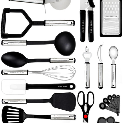 Utensili Cucina Set Termoresistenti al Calore e Antiaderente - Mestoli Spatola Cucchiaio Frusta Pinze Forbici (25 pezzi Nylon Set)