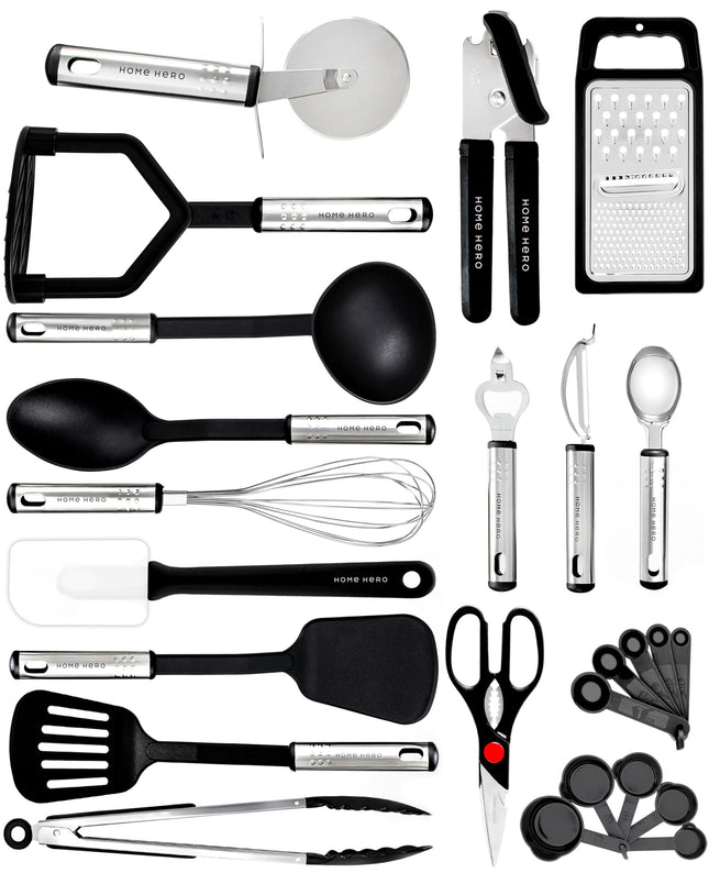 Utensili Cucina Set Termoresistenti al Calore e Antiaderente - Mestoli Spatola Cucchiaio Frusta Pinze Forbici (25 pezzi Nylon Set)