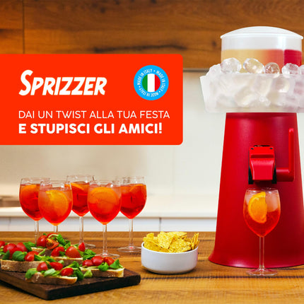 Sprizzer - Sprizzer Machine per lo Spritz, Dispenser con Miscelatore per Aperitivo e Aperol Spritz, Contenitore per Ghiaccio, 3L, Erogatore Manuale senza Elettricità o Batterie, Rosso, Made in Italy
