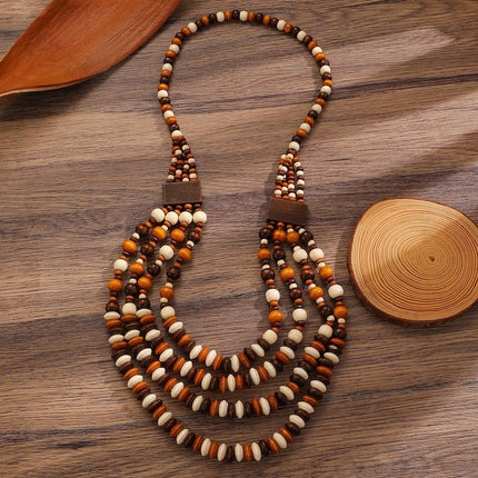 Set di 3 gioielli da donna con perline in legno di Boemia, multistrato, collana, orecchini, braccialetto, etnico, tribale, idea regalo, 1, Acciaio inossidabile, No
