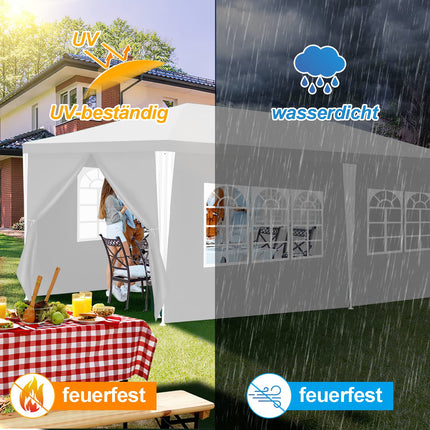 Gazebo Plastica impermeabile da giardino con 6 pannelli laterali, tenda da campeggio per giardino, protezione solare, tenda per feste, bancarelle, festival, colore bianco, 3 x 6 m