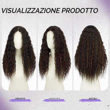 FESHFEN Parrucca Lace Front Ondulate Parrucche castano Scuro Donna, 65 cm