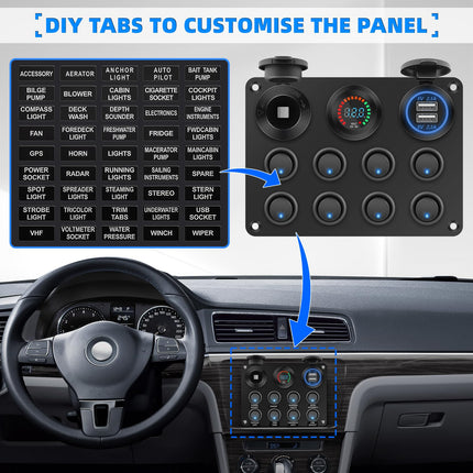 Geloo Pannello Interruttori a Bilanciere 12V/24V Impermeabile Levetta 8 Interruttore con Voltmetro Digitale Accendisigari Doppio Caricatore USB da 4,2 A per Barca, Auto, RV, Camper