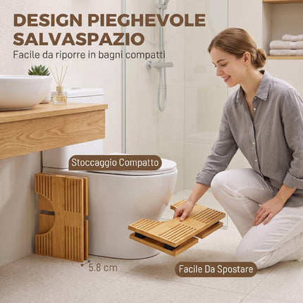 HOMCOM Sgabello da Toilette Pieghevole in Bambù WC 42.5x25x20 cm Rovere