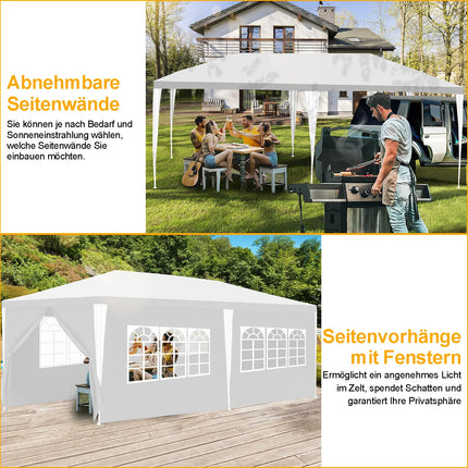 Gazebo Plastica impermeabile da giardino con 6 pannelli laterali, tenda da campeggio per giardino, protezione solare, tenda per feste, bancarelle, festival, colore bianco, 3 x 6 m