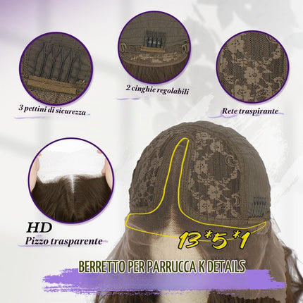 FESHFEN Parrucca Lace Front Parrucche Sintetiche senza colla Lunghe Ondulate con HD Lace per Donne, Castano con Riflessi 70 cm