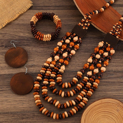 Set di 3 gioielli da donna con perline in legno di Boemia, multistrato, collana, orecchini, braccialetto, etnico, tribale, idea regalo, 1, Acciaio inossidabile, No