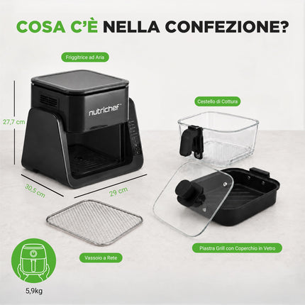 NutriChef Friggitrice ad Aria, Air Fryer Forno Digitale Senza Olio con Cestello o Ciotola Trasparente, Controllo Preciso di Tempo e Temperatura, Perfetta per Pollo, Dolci, Patatine e Bistecca