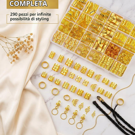 YIPFEN Accessori Dreadlock Trecce 290 Pezzi Oro - Anelli, Perline, Polsini. Kit decorazione versatile per festival, feste, eventi speciali. Crea uno stile unico e accattivante.