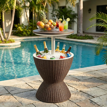 RELAX4LIFE 3-in-1 Tavolino Bar da Esterno/Tavolo Frigo/Secchiello Portaghiaccio 30L, Altezza Regolabile 57,5/82cm, Effetto Rattan PP resistente UV, per Esterno Giardino Piscina Campeggio (Marrone)