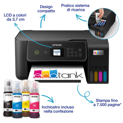 Epson EcoTank ET-2870 Stampante con Serbatoi D’inchiostro | Stampa a Casa Alti Volumi | Wi-Fi | A4 | Stampa, Copia, Scansione | Display LCD 3.7 cm | 3 Anni D'Inchiostro Inclusi