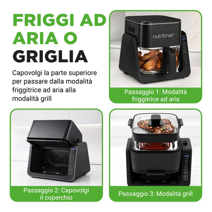 NutriChef Friggitrice ad Aria, Air Fryer Forno Digitale Senza Olio con Cestello o Ciotola Trasparente, Controllo Preciso di Tempo e Temperatura, Perfetta per Pollo, Dolci, Patatine e Bistecca