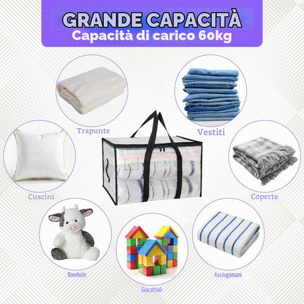 ZOVRIXIA 4 Pezzi 90L Grandi Borse per Trasloco, Trasparente Salvaspazio Scatoloni per Trasloco con Cinghie per Zaino Zip e Manici, Impermeabili Rinforzate Sacchi per Vestiti Piumoni Oggetti