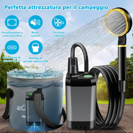 ITMNMNL Doccia da Campeggio,Ricaricabile 6000mAh Doccia Ricaricabile Portatile,Doccia Portatile,Doccia Campeggio con Display Digitale a LED e Secchio Pieghevole,per All'aperto,Campeggio,Spiaggia