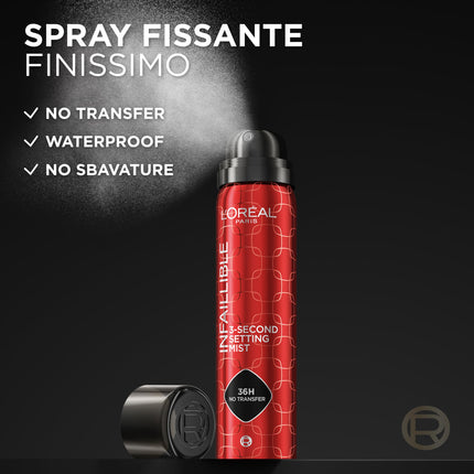 L'Oréal Paris Spray Fissante per il Make-Up, No Transfer, Ad Asciugatura Rapida, Tenuta Look Fino a 36H, A Prova di Sudore e Umidità, Infaillible 3-Second Face Setting Mist, 75 ml