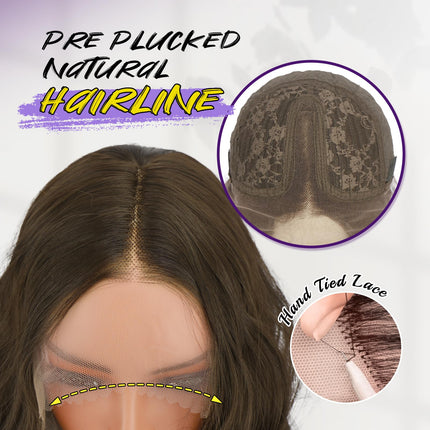 FESHFEN Parrucca Lace Front Parrucche Sintetiche senza colla Lunghe Ondulate con HD Lace per Donne, Castano con Riflessi 70 cm