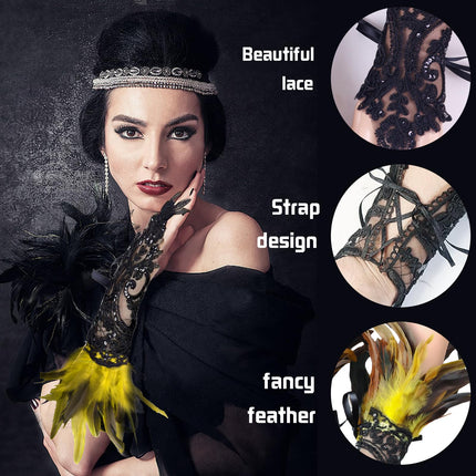 2 Pezzi Guanti di Pizzo di Piume, Guanti di Pizzo di Epoca, Guanti di Pizzo Senza Dita, Abbigliamento Gotico, Adatti per Carnevale, Halloween, Balli Studenteschi, Cosplay, Feste(Giallo Nero)