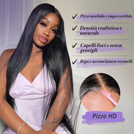 FESHFEN Parrucca 13x4 Lace Front - Parrucche Capelli Nero Lisci per Donne Dritto Naturali Sintetico Parrucca di Capelli per Partito Quotidiano, 75 cm