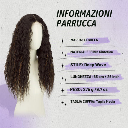 FESHFEN Parrucca Lace Front Ondulate Parrucche castano Scuro Donna, 65 cm