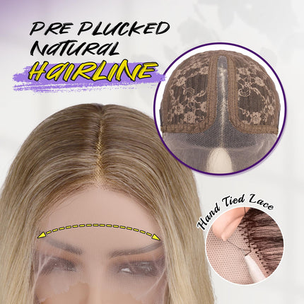 FESHFEN Parrucca Lace Front Parrucche Sintetiche senza colla Lunghe Ondulate con HD Lace per Donne, Ombre Marrone Biondo 70 cm