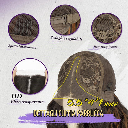 FESHFEN Parrucca Lace Front Ondulate Parrucche castano Scuro Donna, 65 cm