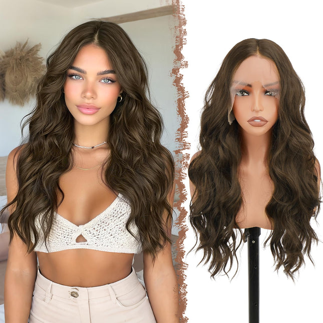 FESHFEN Parrucca Lace Front Parrucche Sintetiche senza colla Lunghe Ondulate con HD Lace per Donne, Castano con Riflessi 70 cm