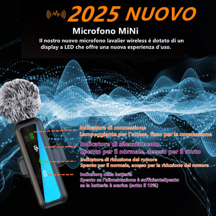 Microfono Lavalier Wireless per iPhone Android iPad, mini microfono, microfono wireless per la registrazione video, streaming, Podcast, Vlogging, Youtube, Tiktok,Trasmissioni dal Vivo, Interviste