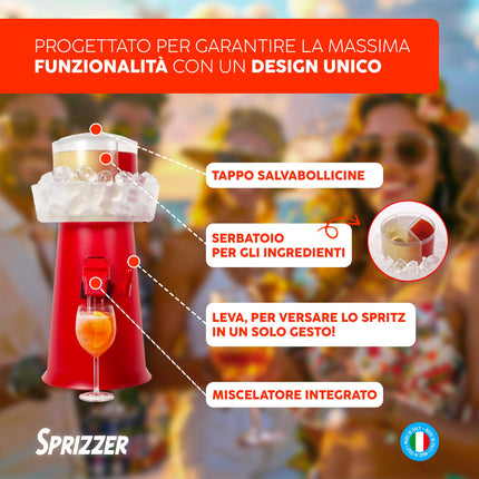 Sprizzer - Sprizzer Machine per lo Spritz, Dispenser con Miscelatore per Aperitivo e Aperol Spritz, Contenitore per Ghiaccio, 3L, Erogatore Manuale senza Elettricità o Batterie, Rosso, Made in Italy