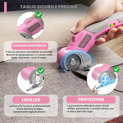 SHALL Forbici elettriche senza fili 4V con blocco di sicurezza, luce LED e lama di ricambio – Taglierina rotante ricaricabile per tessuto, pelle, moquette, cartone e plastica