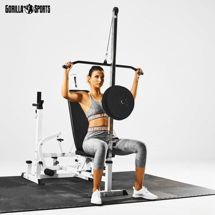 Panca Multifunzione - 46 Pezzi, Panca Regolabile, Portabilanciere, Butterfly, LAT Machine, Tappetino Fitness, 2 Bilancieri, 2 Manubri, 14 Dischi 100 kg - Stazione Fitness