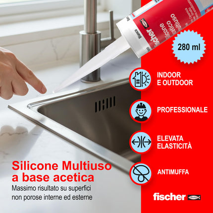 Silicone Acetico Multiuso SAM 280 Trasparente, Sigillante Antimuffa per Vetro, Alluminio, Smalto, Ceramica, Adatto per Bagno e Cucina, 9351
