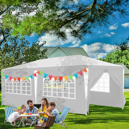 Gazebo Plastica impermeabile da giardino con 6 pannelli laterali, tenda da campeggio per giardino, protezione solare, tenda per feste, bancarelle, festival, colore bianco, 3 x 6 m