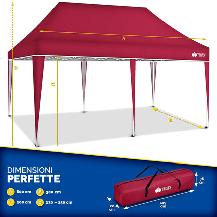 Gazebo 3x6m da Giardino | Gazebo pieghevole regolabile in altezza | Tenda Pop up impermeabile da protezione UV 50+ | Tenda Padiglione + Sacca di Trasporto (Rosso - senza pannelli laterali)