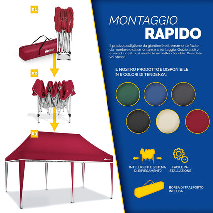 Gazebo 3x6m da Giardino | Gazebo pieghevole regolabile in altezza | Tenda Pop up impermeabile da protezione UV 50+ | Tenda Padiglione + Sacca di Trasporto (Rosso - senza pannelli laterali)