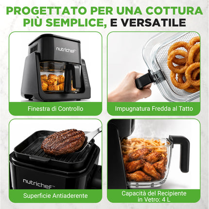 NutriChef Friggitrice ad Aria, Air Fryer Forno Digitale Senza Olio con Cestello o Ciotola Trasparente, Controllo Preciso di Tempo e Temperatura, Perfetta per Pollo, Dolci, Patatine e Bistecca