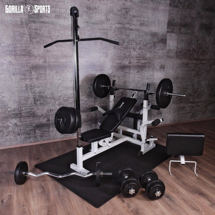 Panca Multifunzione - 46 Pezzi, Panca Regolabile, Portabilanciere, Butterfly, LAT Machine, Tappetino Fitness, 2 Bilancieri, 2 Manubri, 14 Dischi 100 kg - Stazione Fitness
