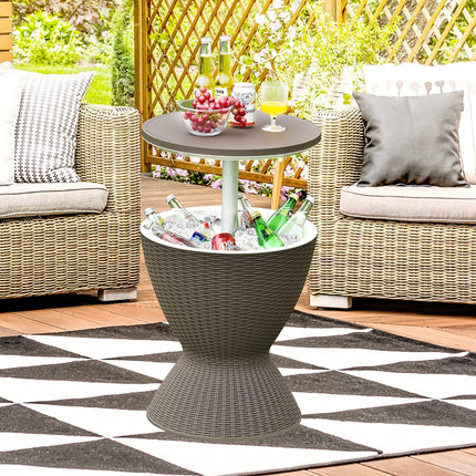 RELAX4LIFE 3-in-1 Tavolino Bar da Esterno/Tavolo Frigo/Secchiello Portaghiaccio 30L, Altezza Regolabile 57,5/82cm, Effetto Rattan PP resistente UV, per Esterno Giardino Piscina Campeggio (Marrone)