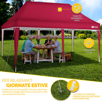 Gazebo 3x6m da Giardino | Gazebo pieghevole regolabile in altezza | Tenda Pop up impermeabile da protezione UV 50+ | Tenda Padiglione + Sacca di Trasporto (Rosso - senza pannelli laterali)