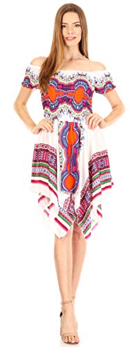 Sakkas TH356 - Vestito Elastico Africano Dashiki da Spalla Casual Cocktail Femi da Donna - Bianco - OS