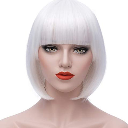 Parrucca mimetica bianca corta Bob da donna capelli capelli capelli dritti con pony piatto sintetico colorato Cosplay quotidiana parrucca per donne naturale come Wig 12 pollici 002G
