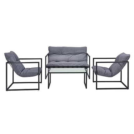 casa.pro Set Mobili da Giardino Completo di 2 Poltrone e 1 Divano da Esterno con Cuscini in Olefina e 1 Tavolino con Piano in Vetro - Nero e Grigio