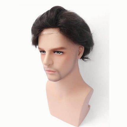 Parrucca Uomo PU Frontale con Pizzo Toupee Pezzi di Capelli Umani Europei per Uomini Protesi Capelli Uomo 8×10 Pollici Sottile Pelle 0,06 Centimetri Spessore Uomini Parrucca in Off Black