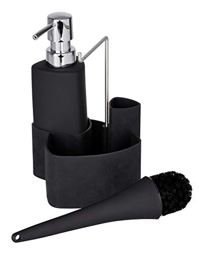 WENKO Set lavastoviglie Empire 4 in 1: dispenser di detersivo, porta strofinacci e organizer, ceramica di alta qualità con superficie morbida al tatto, capacità 250 ml, 11 x 19 x 12,5 cm, nero