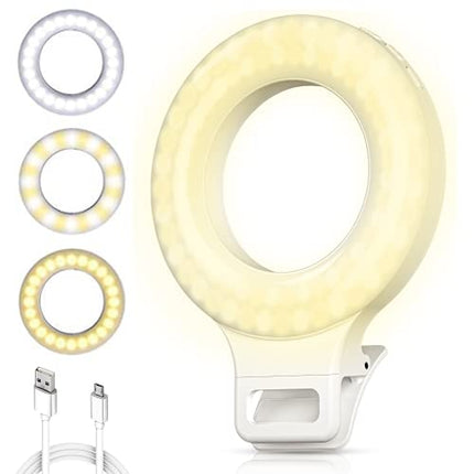 Luce Per Videoconferenza, Selfie Ring Light Mini, Lampada Ricaricabile ad Anello con 60 Led, 3 Tonalità di Luce e Clip da 3,5cm per Telefono, Accessorio Utile per Video, Foto, TikTok, Trucco