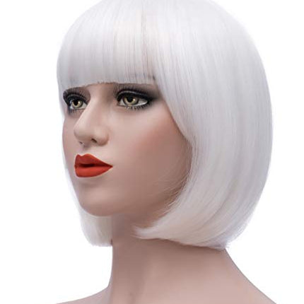 Parrucca mimetica bianca corta Bob da donna capelli capelli capelli dritti con pony piatto sintetico colorato Cosplay quotidiana parrucca per donne naturale come Wig 12 pollici 002G