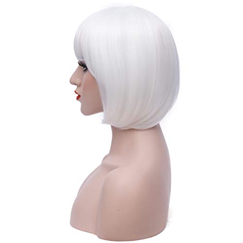 Parrucca mimetica bianca corta Bob da donna capelli capelli capelli dritti con pony piatto sintetico colorato Cosplay quotidiana parrucca per donne naturale come Wig 12 pollici 002G