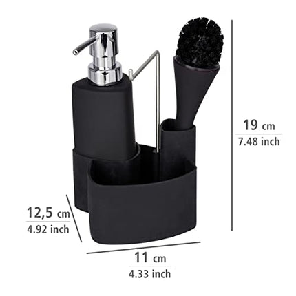 WENKO Set lavastoviglie Empire 4 in 1: dispenser di detersivo, porta strofinacci e organizer, ceramica di alta qualità con superficie morbida al tatto, capacità 250 ml, 11 x 19 x 12,5 cm, nero