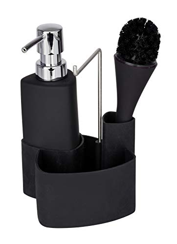 WENKO Set lavastoviglie Empire 4 in 1: dispenser di detersivo, porta strofinacci e organizer, ceramica di alta qualità con superficie morbida al tatto, capacità 250 ml, 11 x 19 x 12,5 cm, nero