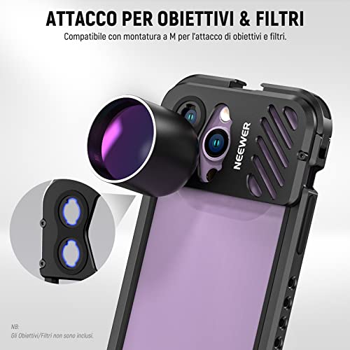 NEEWER Gabbia Video per iPhone 14 Pro Max con Slitte Fredde, Attacco per Treppiede da 1/4", Stabilizzatore per Smartphone in Alluminio per Telefoni Compatibile on Attacco per Obiettivo Moment, PA011